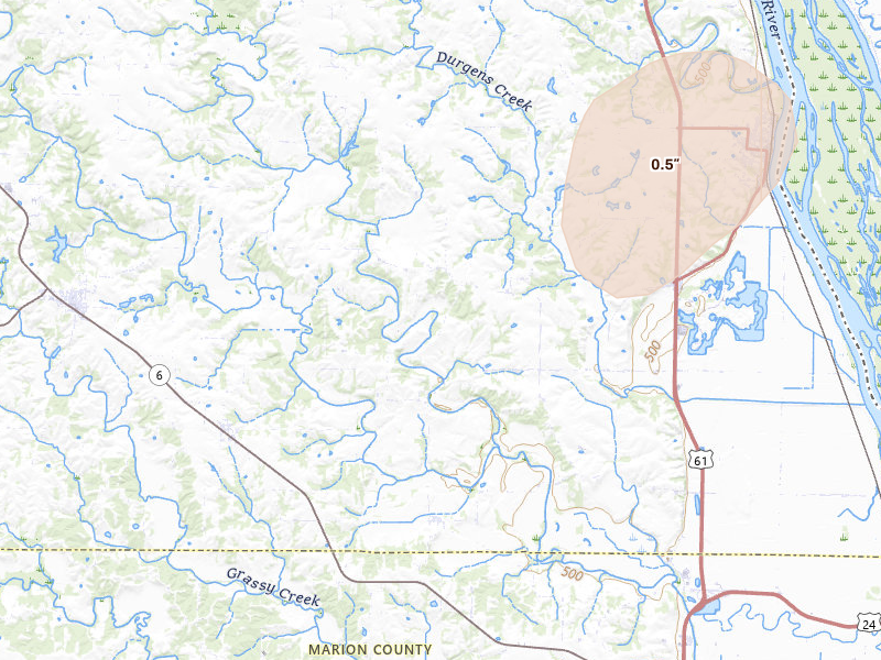 Radar-estimated hail-size map of the storm over La Grange, MO on May 16, 2026