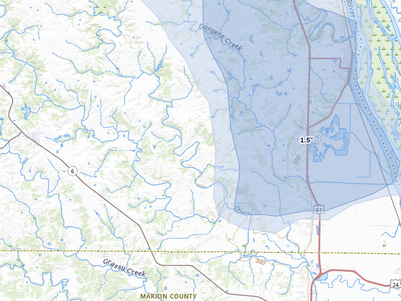NEXRAD radar-signature map of the hail storm over La Grange, MO on May 16, 2026