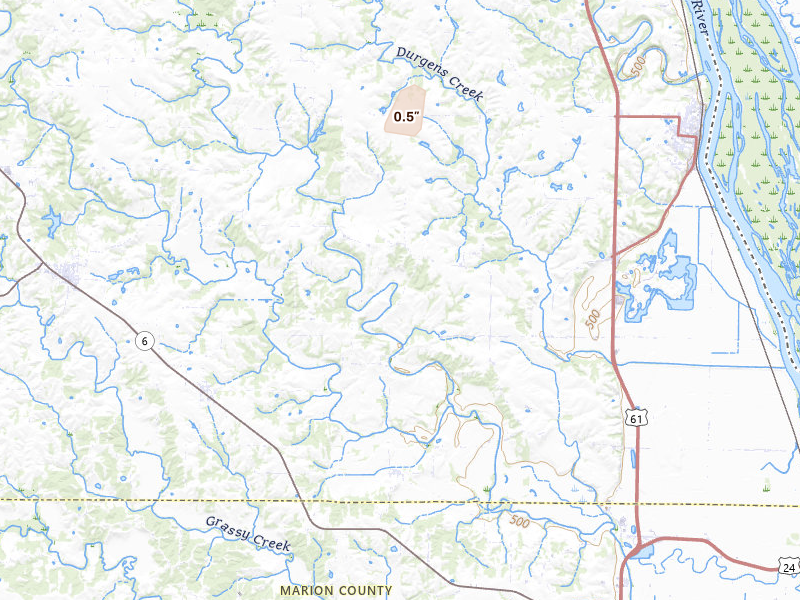 Radar-estimated hail-size map of the storm over La Grange, MO on May 17, 2026