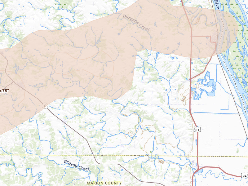 Radar-estimated hail-size map of the storm over La Grange, MO on Jun 11, 2026