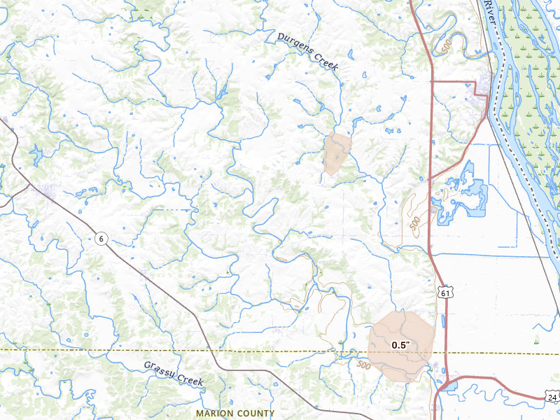 Radar-estimated hail-size map of the storm over La Grange, MO on Jul 5, 2026