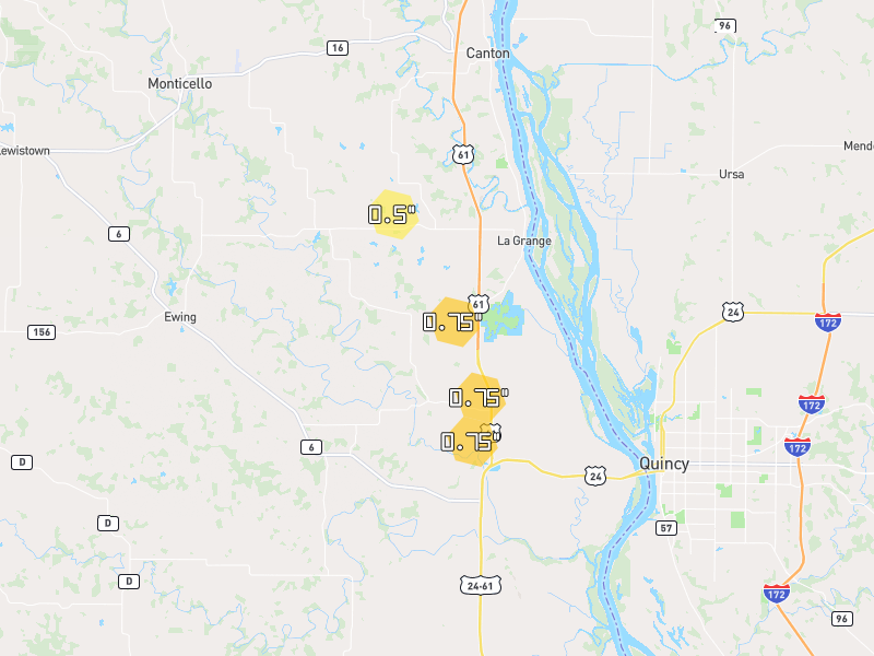Hail map of La Grange, MO on Jul 5, 2026, hail up to 0.75"