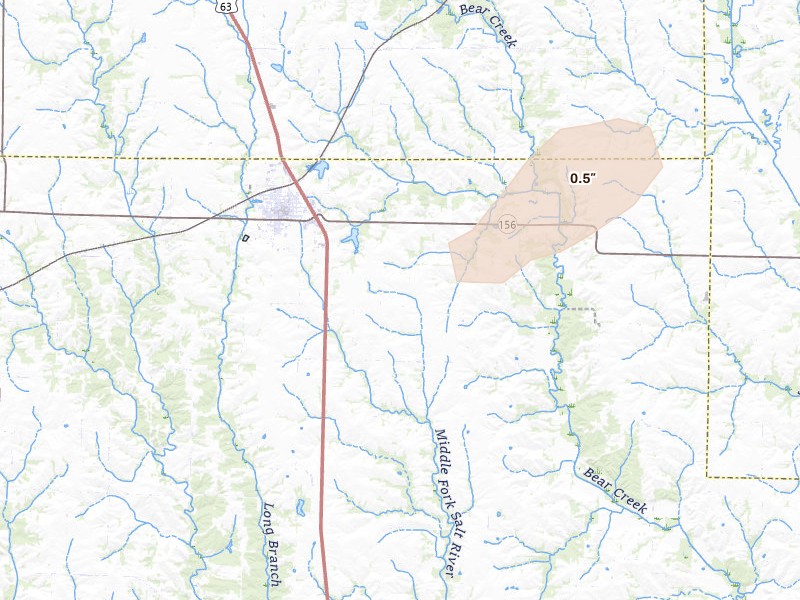 Radar-estimated hail-size map of the storm over La Plata, MO on May 16, 2026