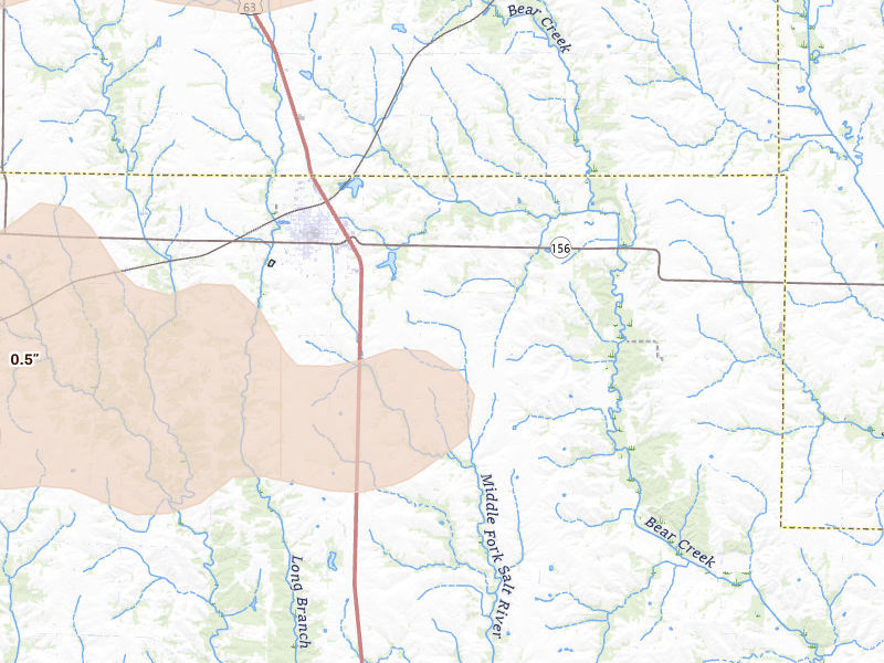 Radar-estimated hail-size map of the storm over La Plata, MO on Jun 10, 2026