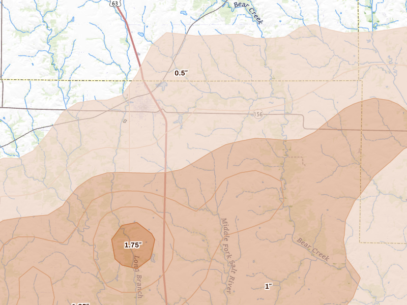 Radar-estimated hail-size map of the storm over La Plata, MO on Jun 11, 2026