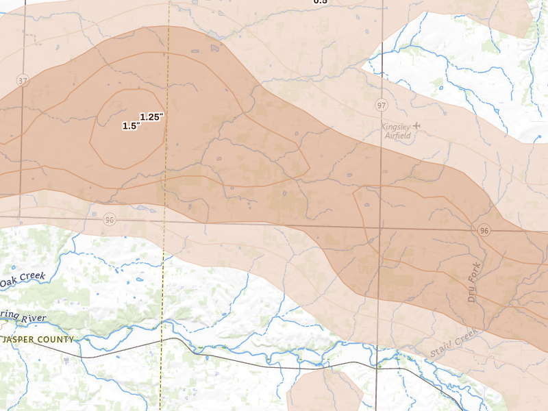 Radar-estimated hail-size map of the storm over La Russell, MO on May 30, 2026
