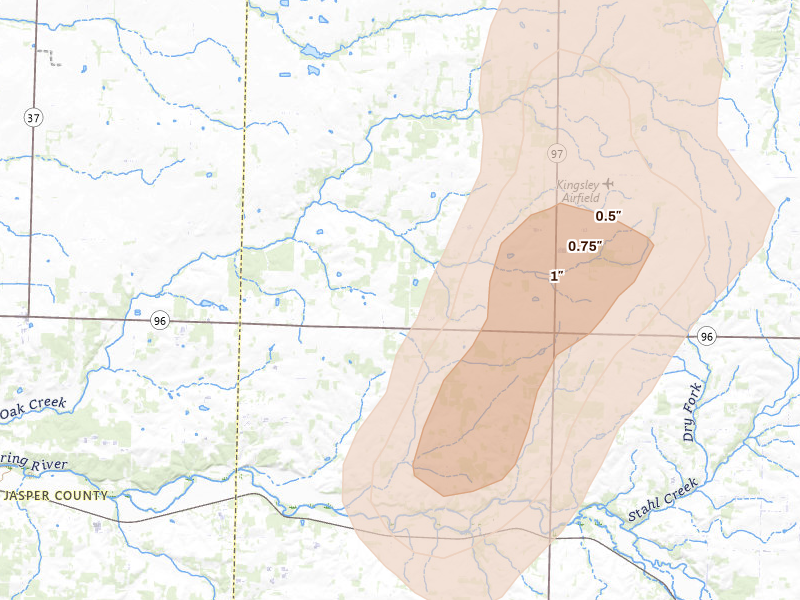 Radar-estimated hail-size map of the storm over La Russell, MO on Jul 4, 2026