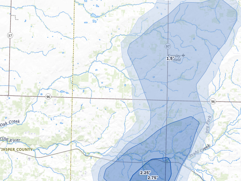 NEXRAD radar-signature map of the hail over La Russell, MO