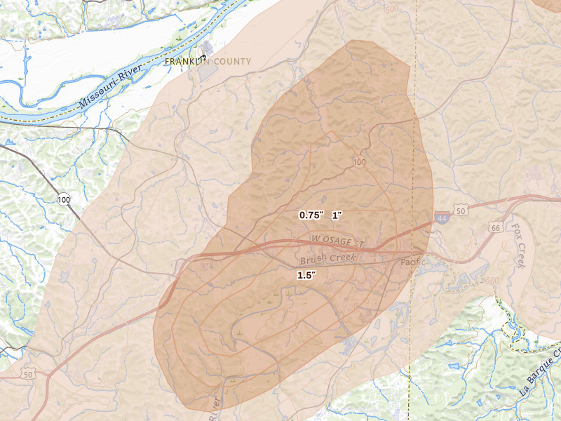 Radar-estimated hail-size map of the storm over Labadie, MO on Apr 27, 2026