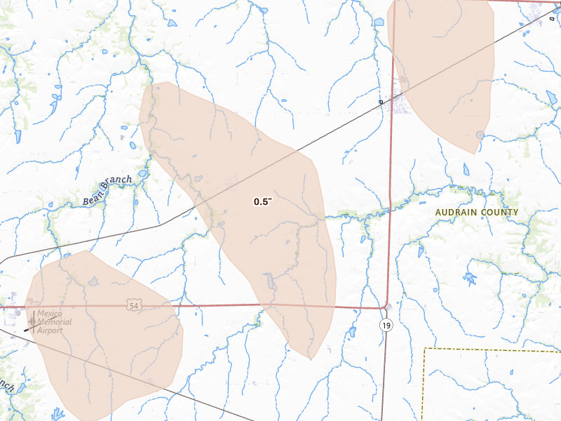 Radar-estimated hail-size map of the storm over Laddonia, MO on Apr 26, 2026