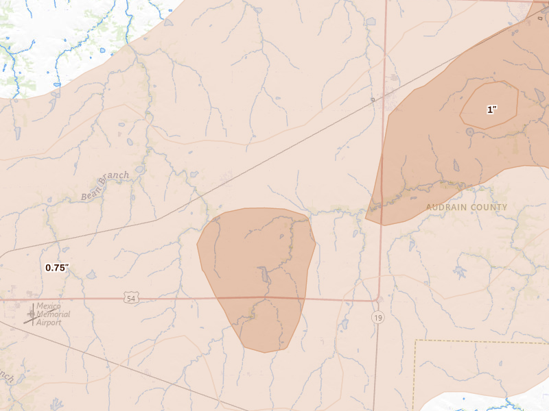 Radar-estimated hail-size map of the storm over Laddonia, MO on Apr 27, 2026