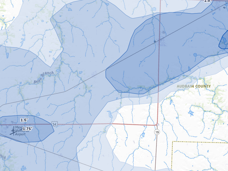 NEXRAD radar-signature map of the hail over Laddonia, MO