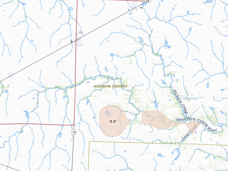 Radar-estimated hail-size map of the storm over Laddonia, MO on Aug 12, 2026