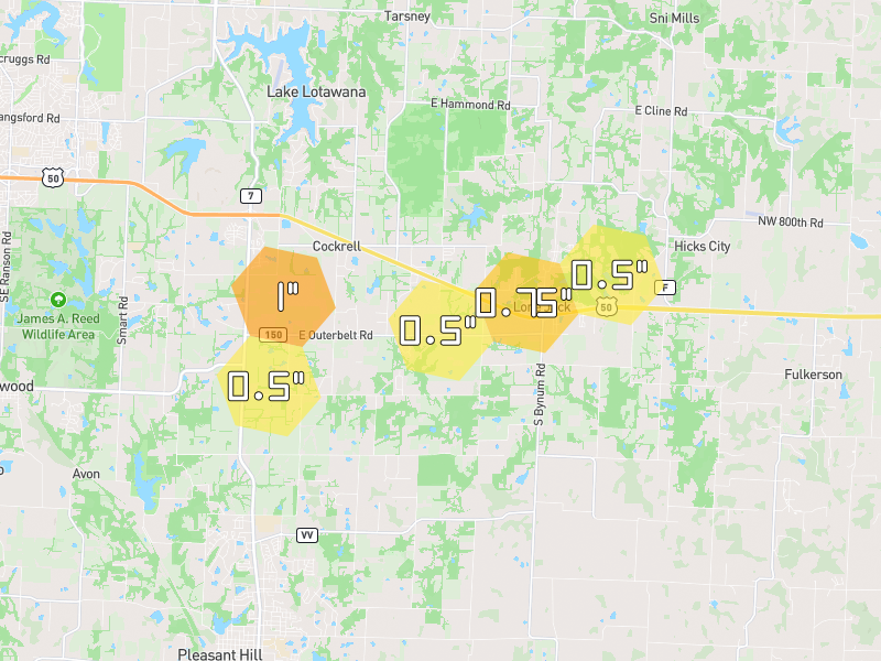Hail map of Lake Lotawana, MO on Jul 9, 2026, hail up to 1"
