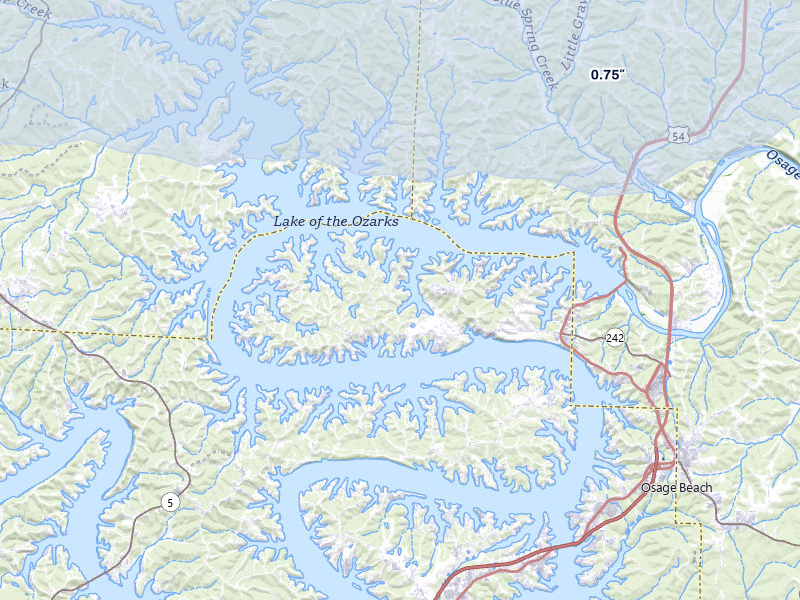 NEXRAD radar-signature map of the hail over Lake Ozark, MO