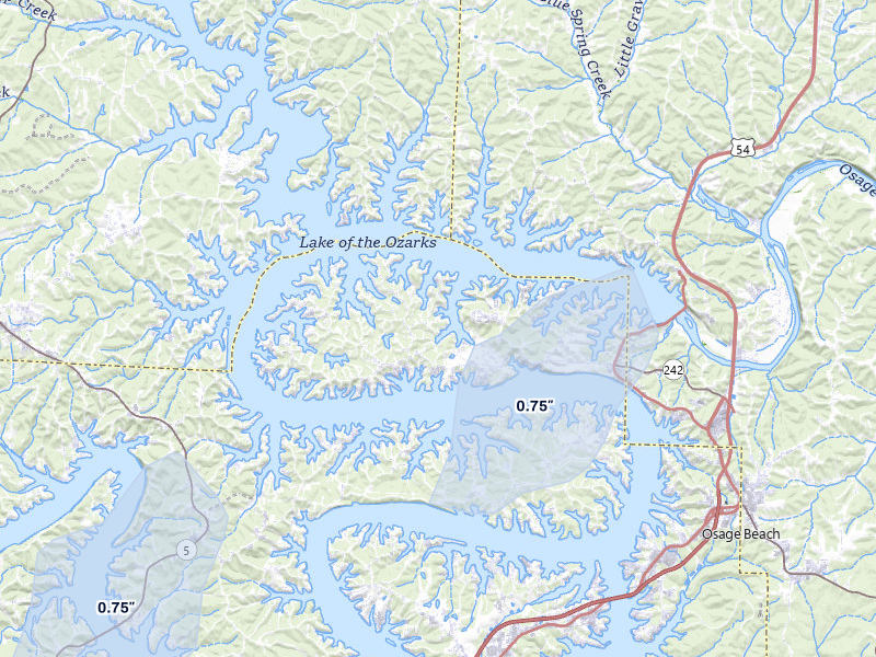 NEXRAD radar-signature map of the hail over Lake Ozark, MO