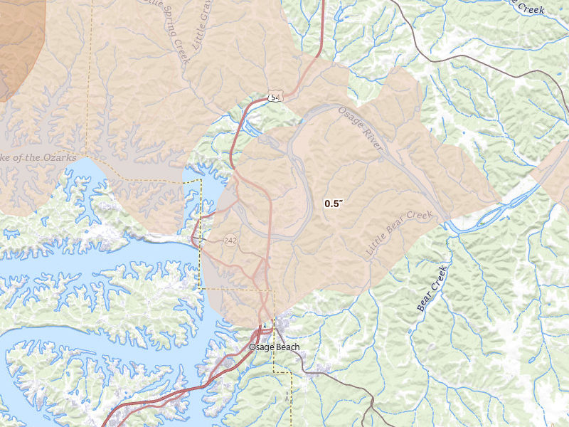 Radar-estimated hail-size map of the storm over Lake Ozark, MO on Aug 18, 2026