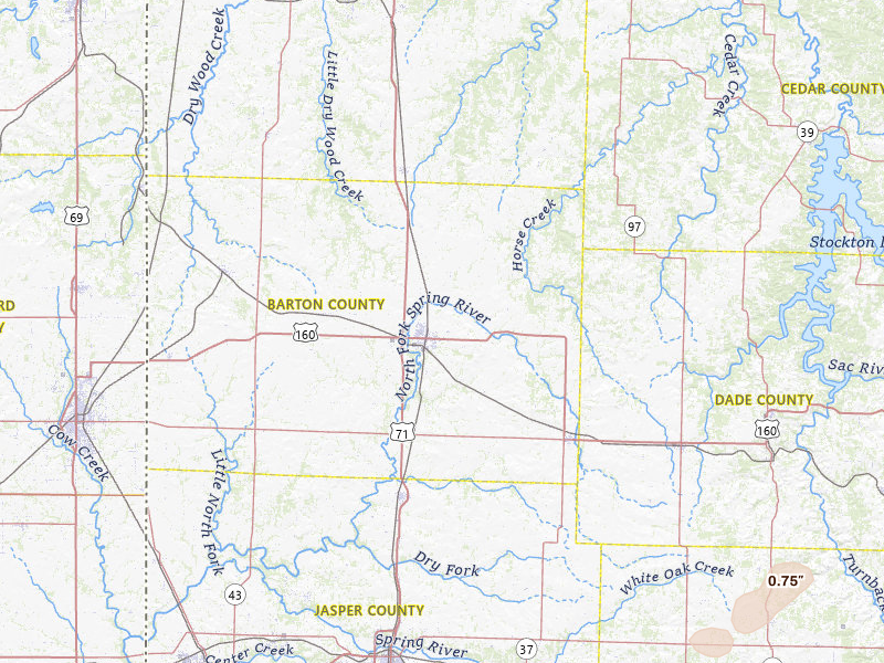 Radar-estimated hail-size map of the storm over Lamar, MO on Mar 4, 2026