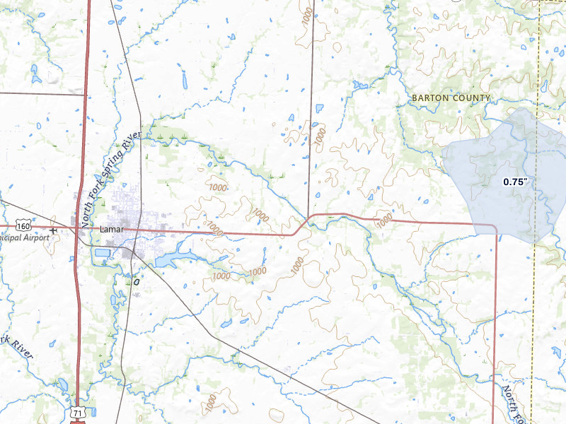NEXRAD radar-signature map of the hail storm over Lamar, MO on Mar 4, 2026
