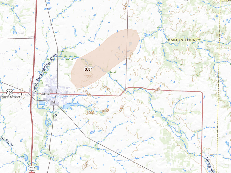 Radar-estimated hail-size map of the storm over Lamar, MO on Apr 1, 2026