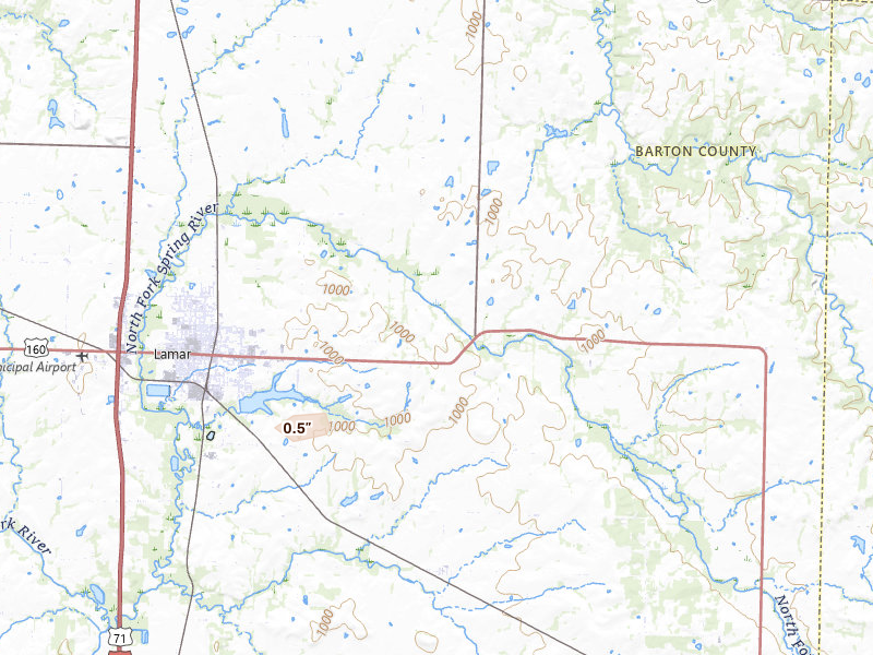 Radar-estimated hail-size map of the storm over Lamar, MO on May 23, 2026