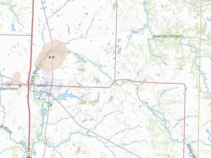 Radar-estimated hail-size map of the storm over Lamar, MO on May 31, 2026
