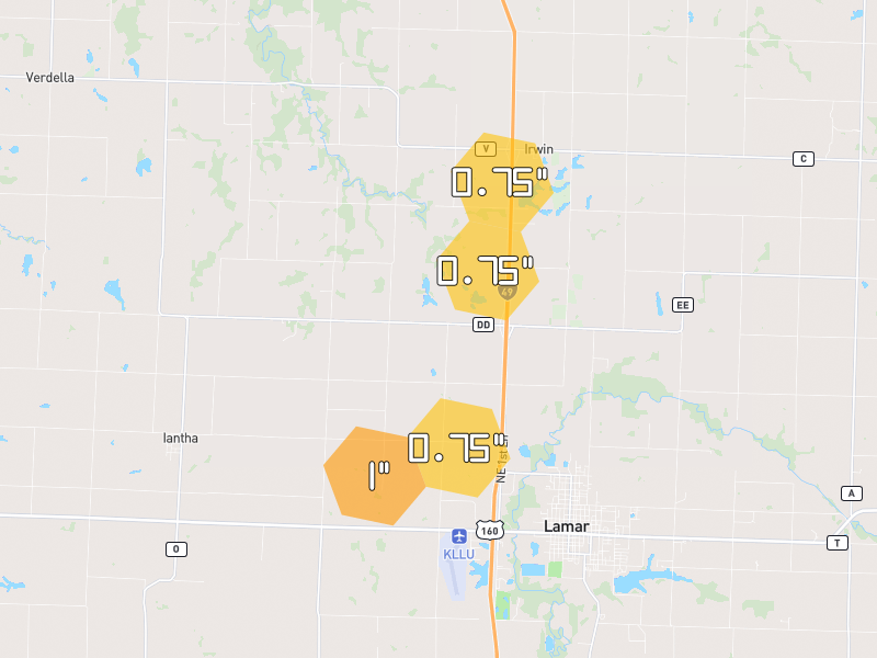 Hail map of Lamar, MO on Jun 1, 2026, hail up to 1"