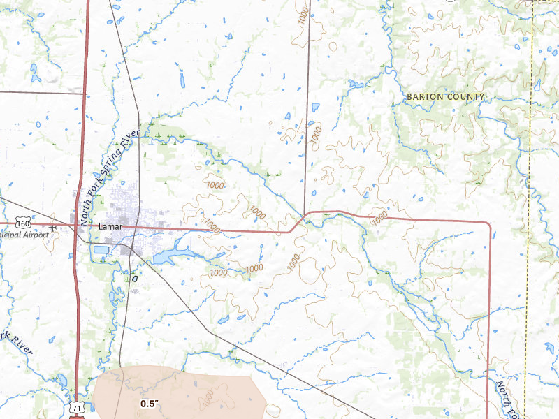 Radar-estimated hail-size map of the storm over Lamar, MO on Jul 4, 2026