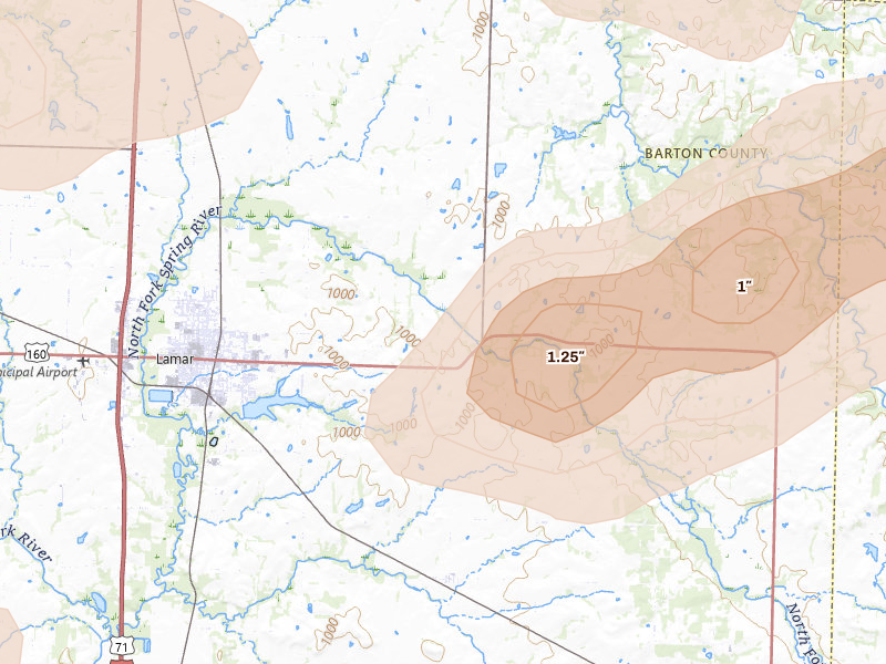 Radar-estimated hail-size map of the storm over Lamar, MO on Jul 10, 2026