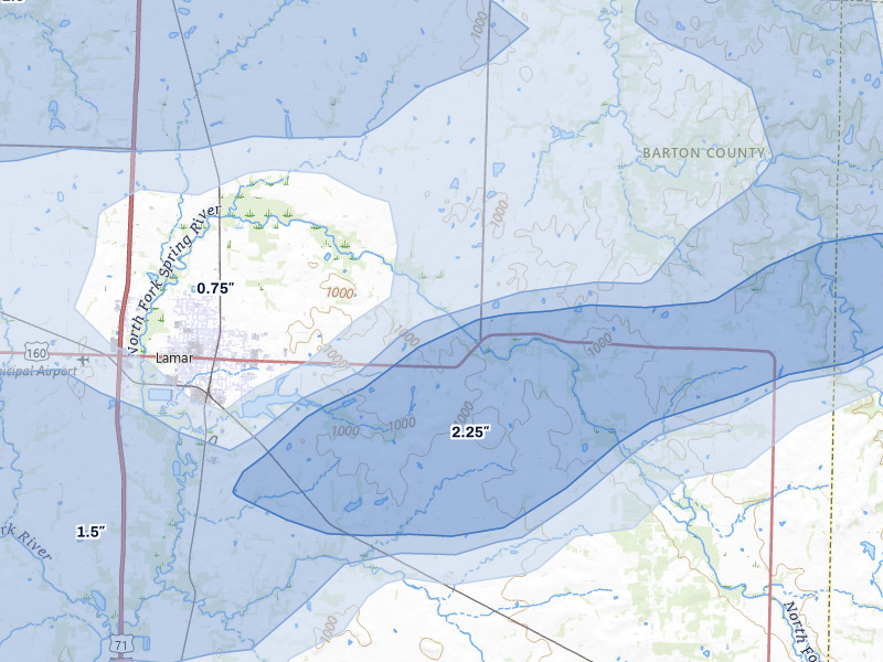 NEXRAD radar-signature map of the hail storm over Lamar, MO on Jul 10, 2026