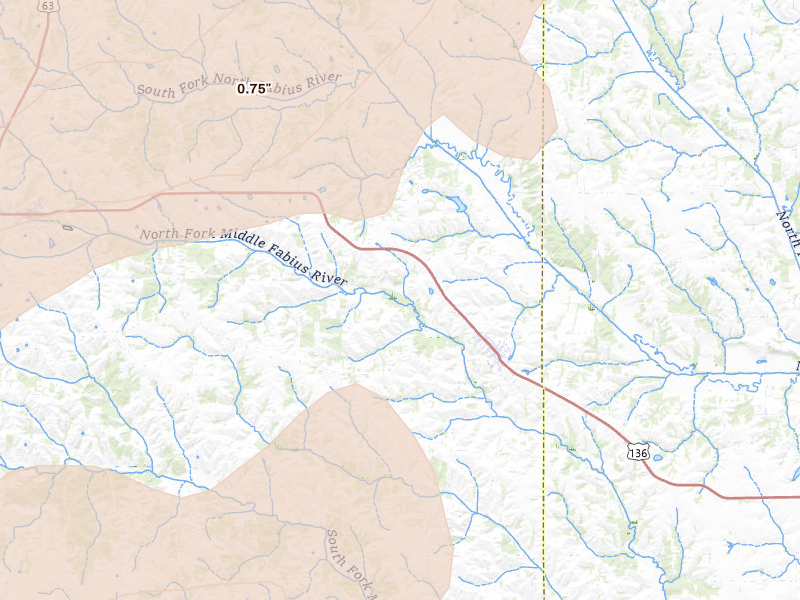 Radar-estimated hail-size map of the storm over Lancaster, MO on Jun 11, 2026