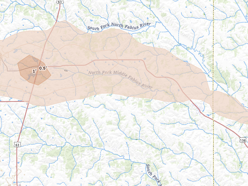 Radar-estimated hail-size map of the storm over Lancaster, MO on Aug 12, 2026