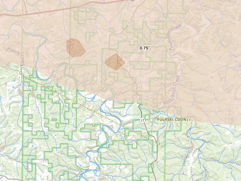 Radar-estimated hail-size map of the storm over Laquey, MO on Apr 26, 2026
