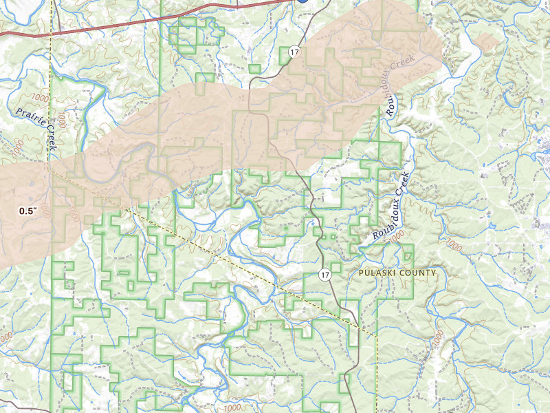 Radar-estimated hail-size map of the storm over Laquey, MO on Apr 27, 2026