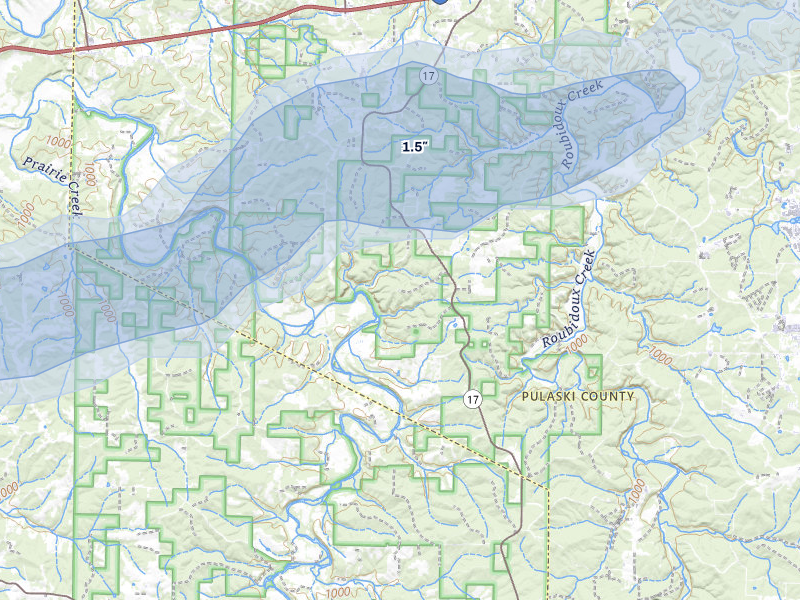 NEXRAD radar-signature map of the hail over Laquey, MO