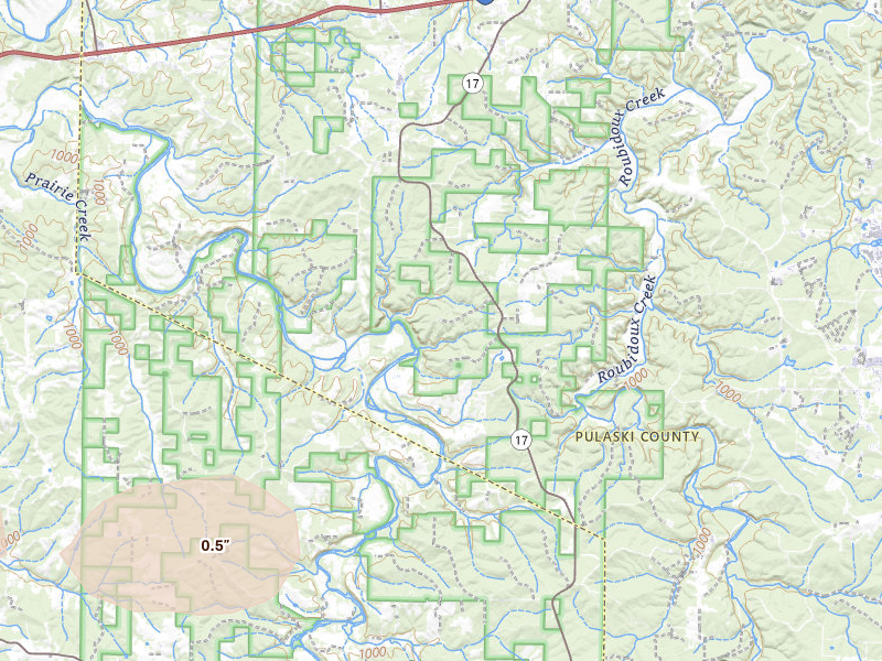 Radar-estimated hail-size map of the storm over Laquey, MO on Jul 10, 2026