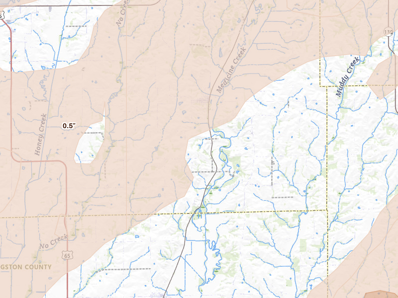 Radar-estimated hail-size map of the storm over Laredo, MO on Apr 17, 2026