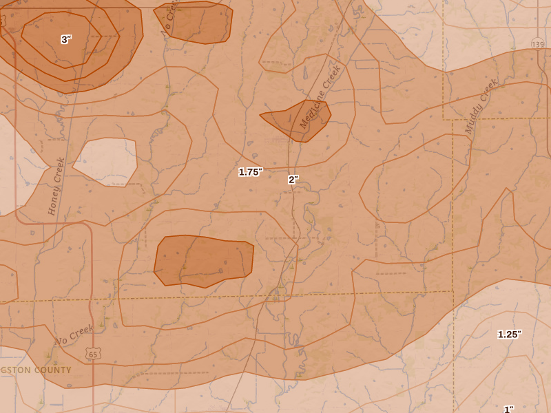 Radar-estimated hail-size map of the storm over Laredo, MO on May 16, 2026