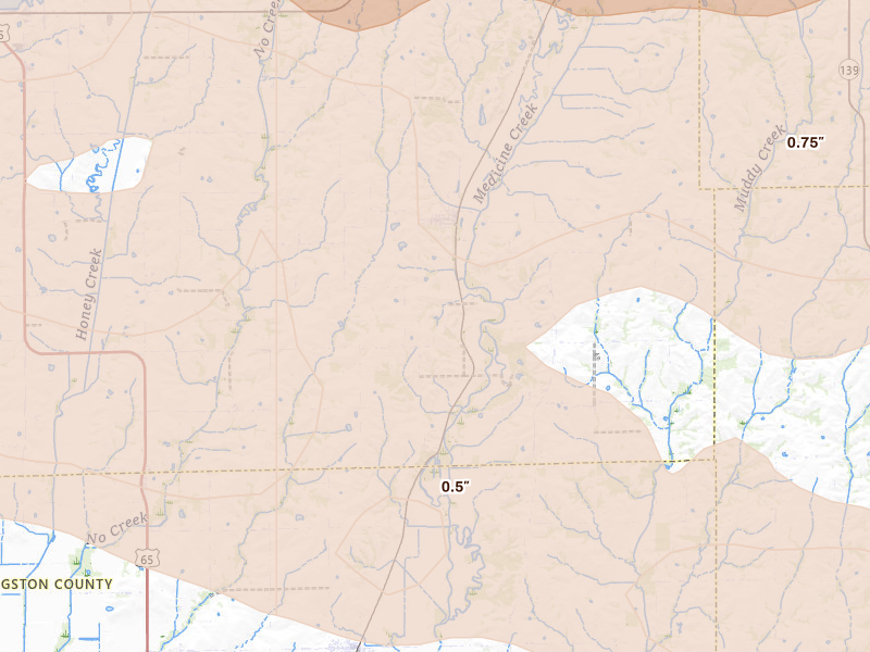 Radar-estimated hail-size map of the storm over Laredo, MO on Jun 10, 2026