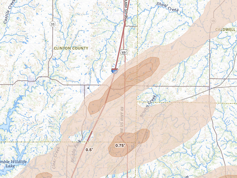 Radar-estimated hail-size map of the storm over Lathrop, MO on Mar 10, 2026