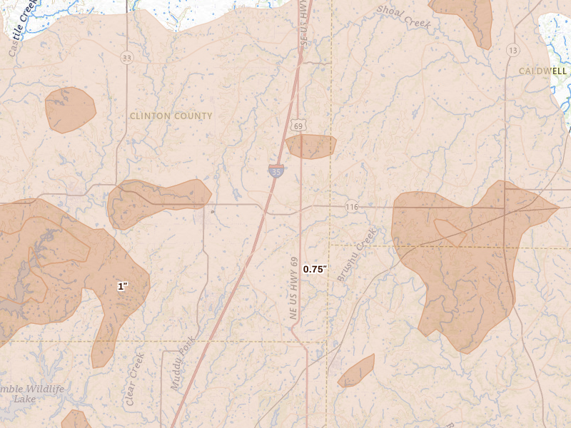 Radar-estimated hail-size map of the storm over Lathrop, MO on Apr 26, 2026