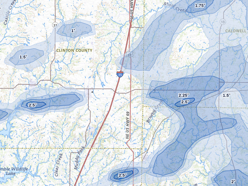 NEXRAD radar-signature map of the hail over Lathrop, MO