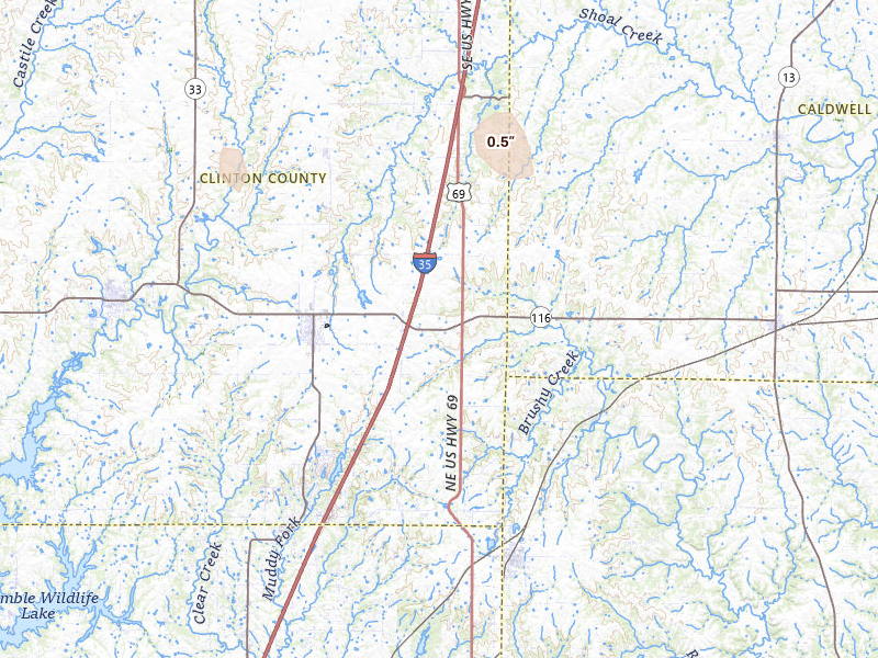 Radar-estimated hail-size map of the storm over Lathrop, MO on May 18, 2026