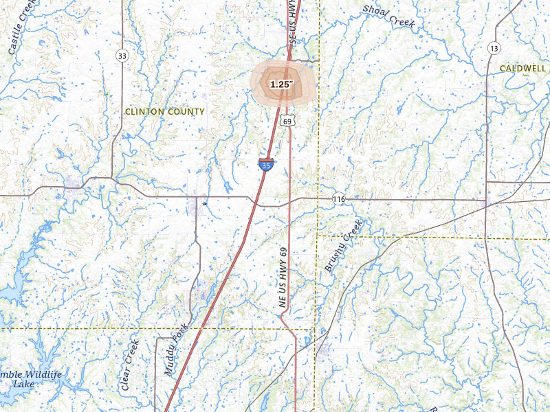 Radar-estimated hail-size map of the storm over Lathrop, MO on Jun 9, 2026