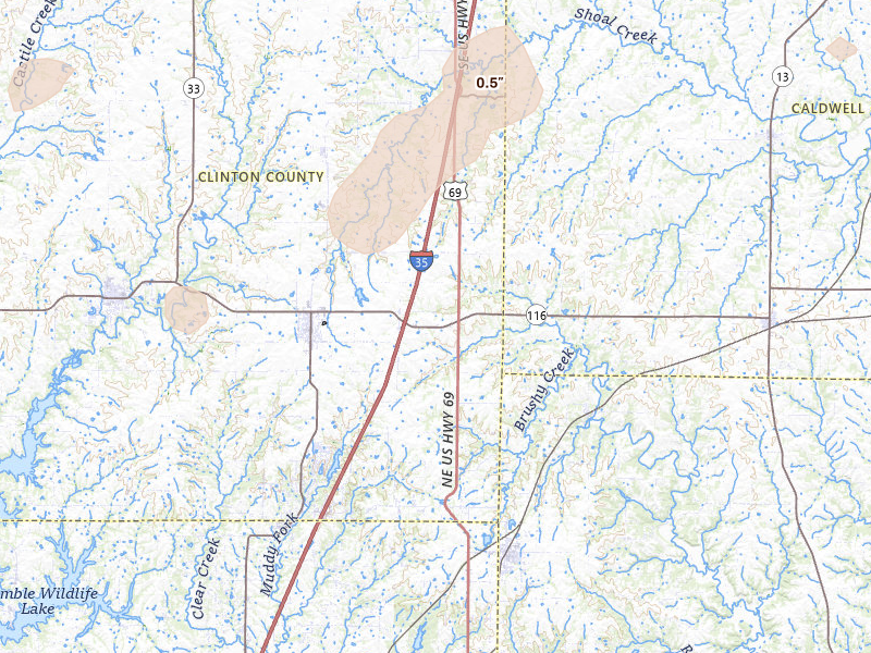 Radar-estimated hail-size map of the storm over Lathrop, MO on Jun 10, 2026