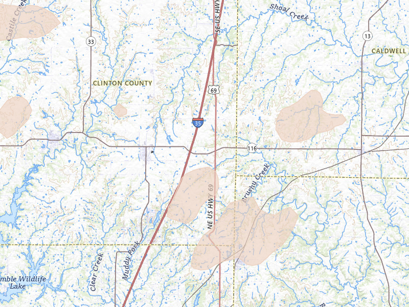 Radar-estimated hail-size map of the storm over Lathrop, MO on Jul 3, 2026