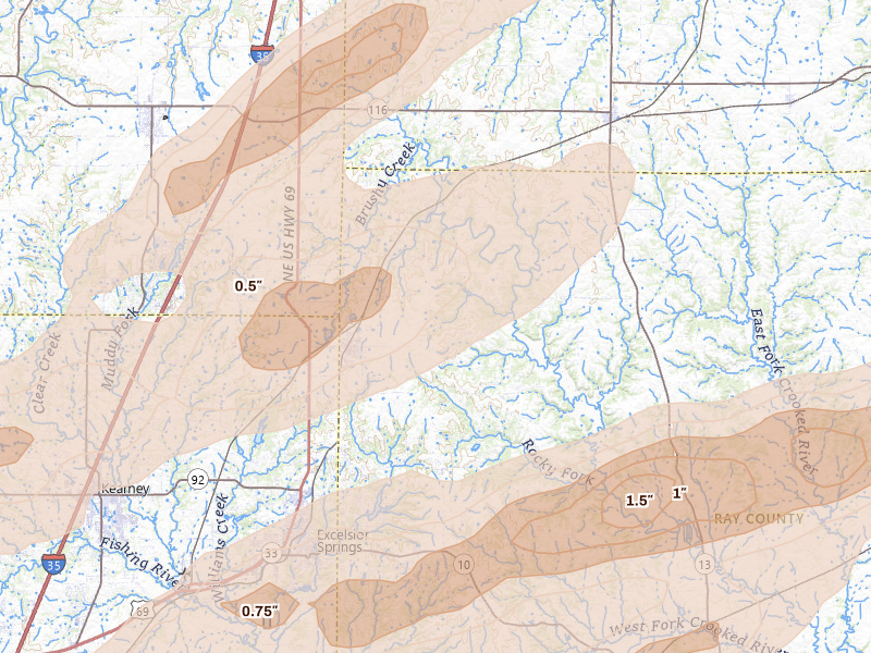 Radar-estimated hail-size map of the storm over Lawson, MO on Mar 10, 2026
