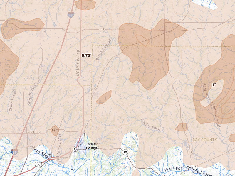 Radar-estimated hail-size map of the storm over Lawson, MO on Apr 26, 2026