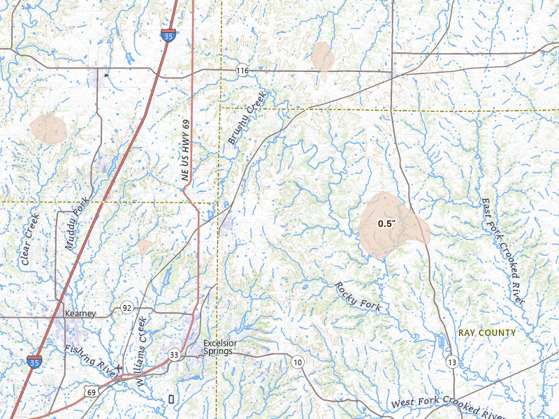 Radar-estimated hail-size map of the storm over Lawson, MO on May 29, 2026