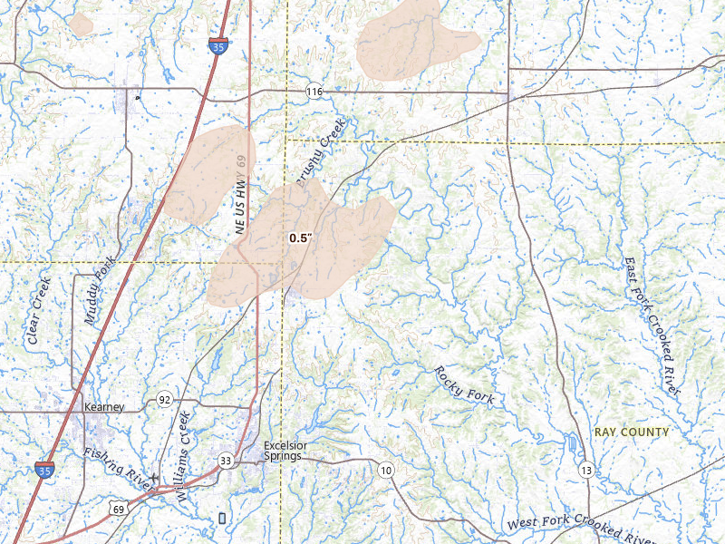 Radar-estimated hail-size map of the storm over Lawson, MO on Jul 3, 2026